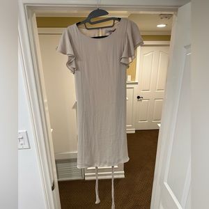 Beige, silk like, cap ruffle sleeve dress